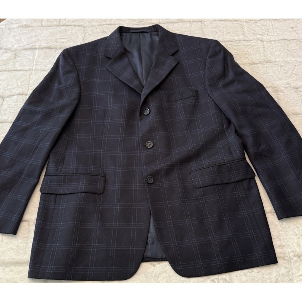 Burberry Blazer 42s Gray Windowpane Plaid Blue Kensington Wool Sport‎ Coat FLAW